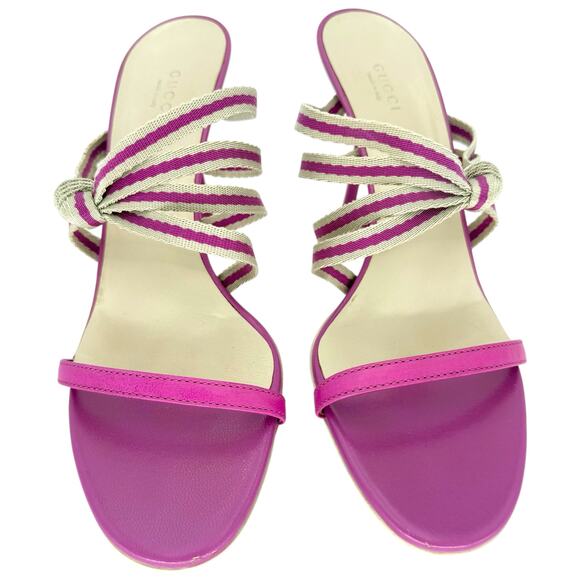 GUCCI Mirabelle Knotted Stripe Mules EU 40 US 10 Fuchsia Pink High Heels Sandals - Picture 3 of 11